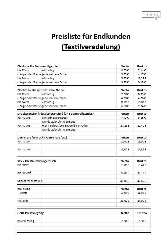 Preisliste für Endkunden